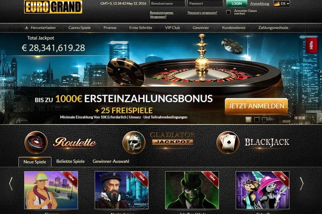 Eurogrand Casino Login Desktop und Mobile Zugang für AT Spieler